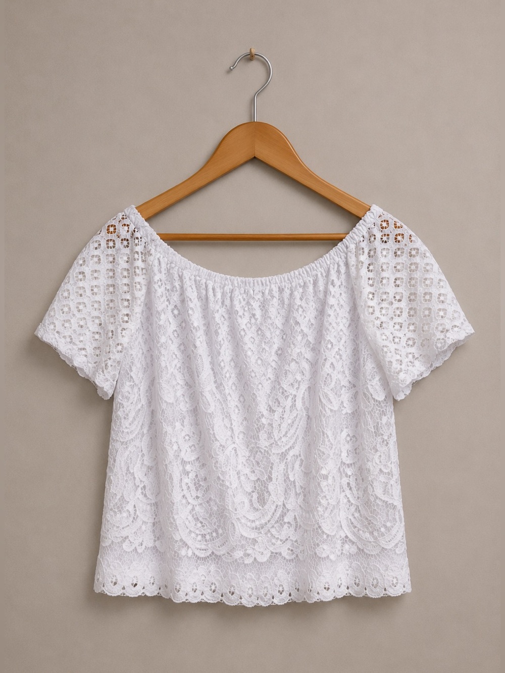 Rafaella White Lace Eyelet Smocked Boho Cottagecore Blouse Top Size Large